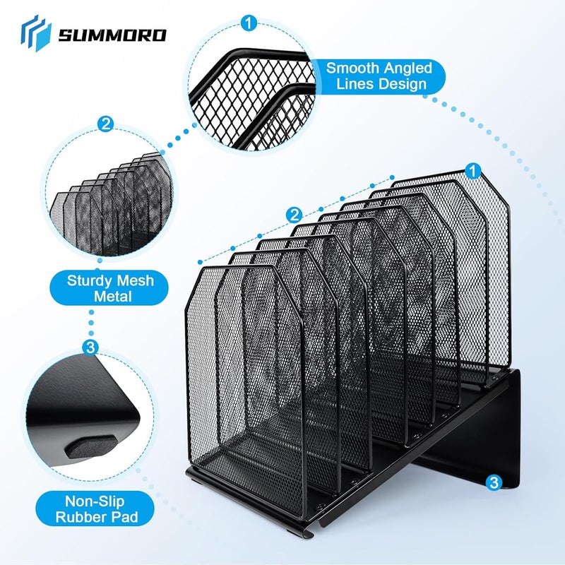 SUMMORE Inclined File Organizer for Desk, 7-Section Vertical File Folder Holder Office Desk Organizer Metal Rack File Wire Mesh Desktop Document Sorter for Office School Classroom Home (Black) - Image 4